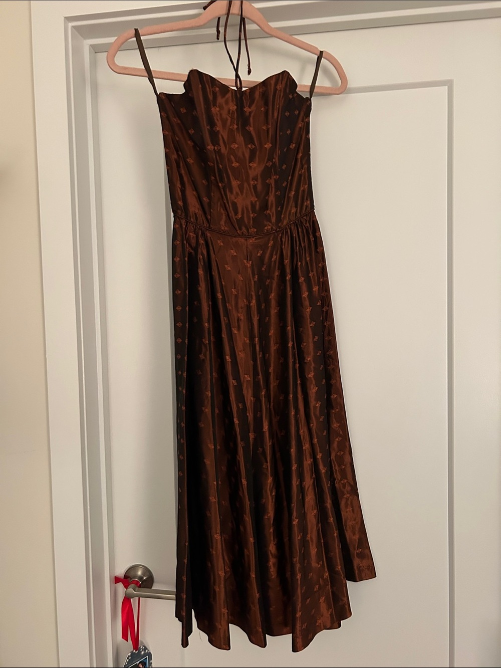 Brown Satin Midi Dress with Subtle Print
